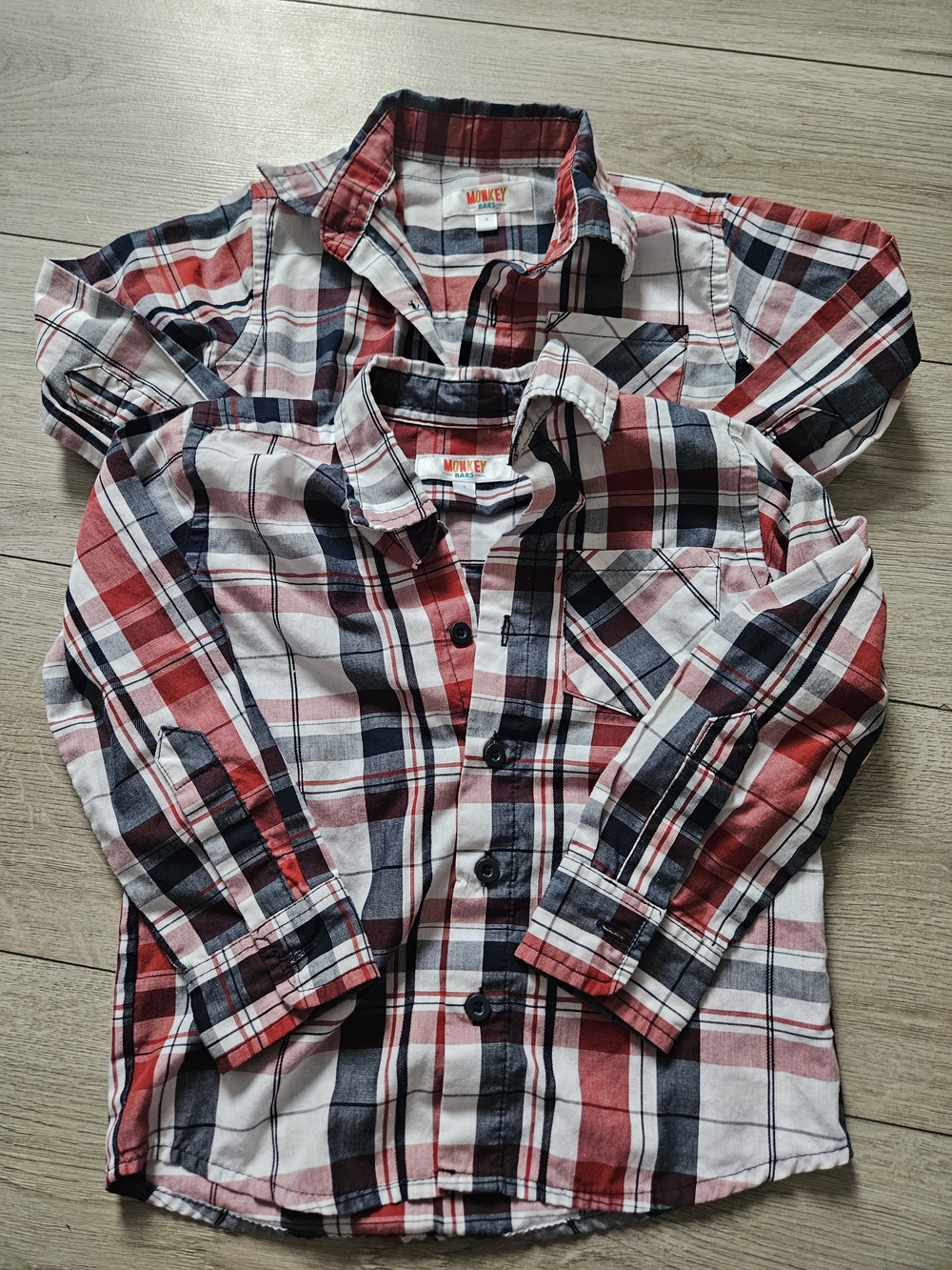 Monkey Bars Set of 2 Matching Plaid Button Down Shirts Boys Twins Size 4T Red